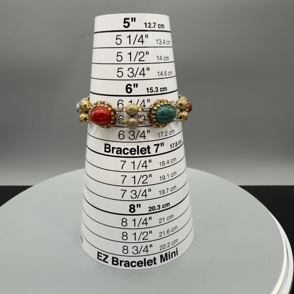 Vintage FREIRICH Gold Tone Filigree Scarab Bracelet Glass Stones w/ Safety Chain - Picture 7 of 16